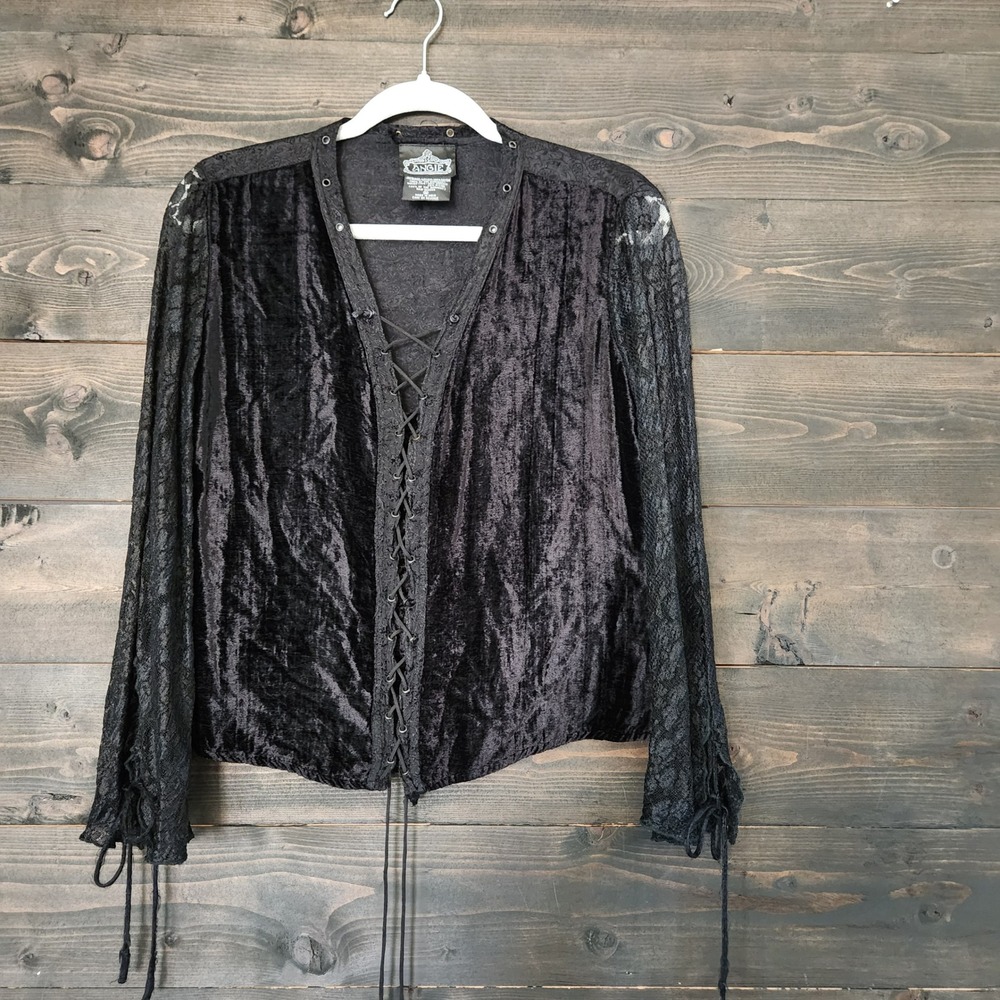 Angie Gothic Velvet Lace Up Corset Top Black Long Sleeve Victorian Renaissance M - Picture 12 of 12